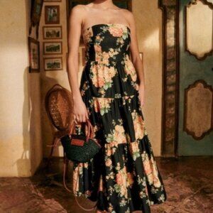 Sezane Tamia Black Floral Strapless Dress